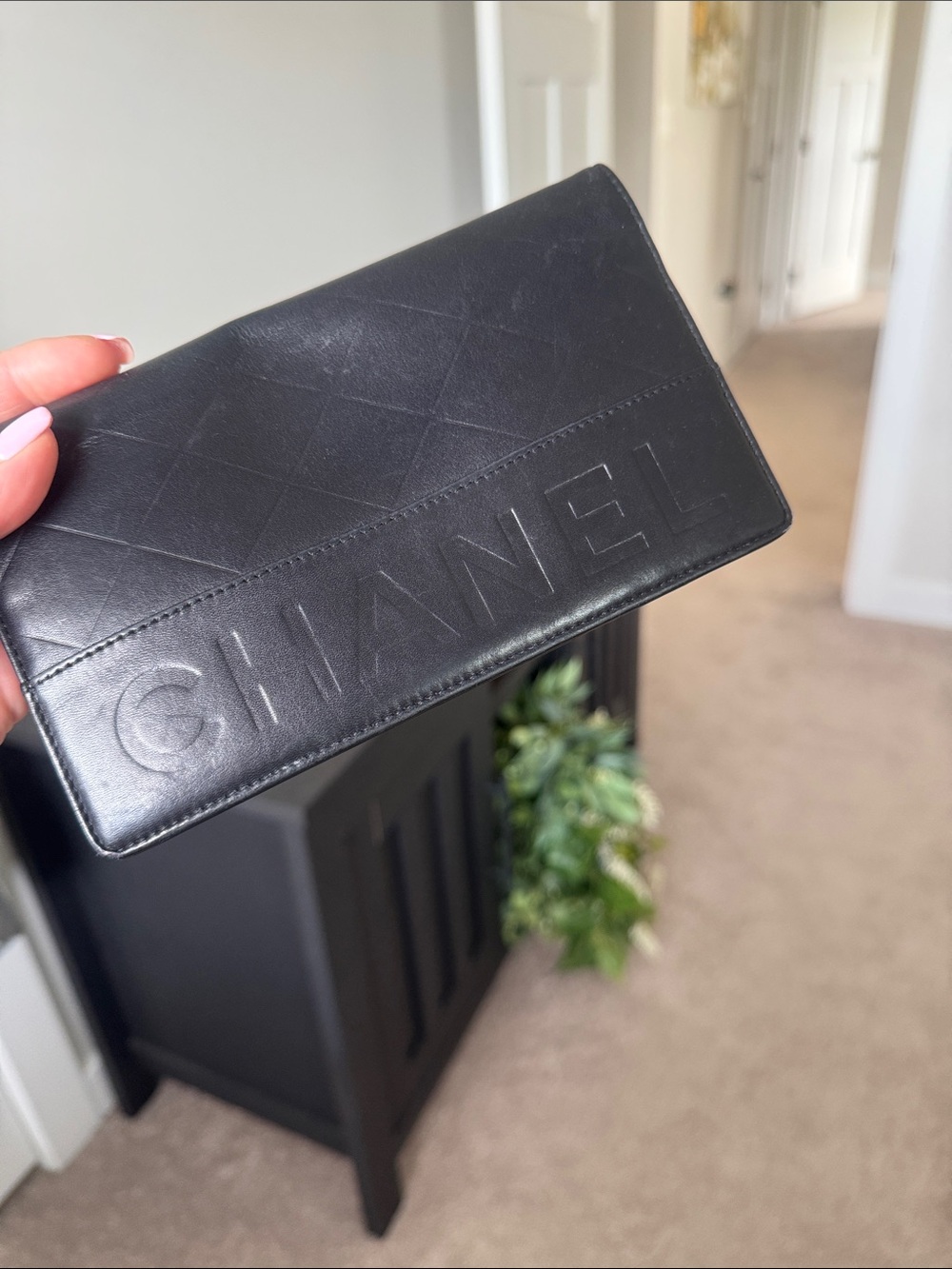 CHANEL Black Embossed Leather Long Wallet